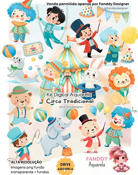 Kit Digital Circo Tradicional Aquarela - Fanddy