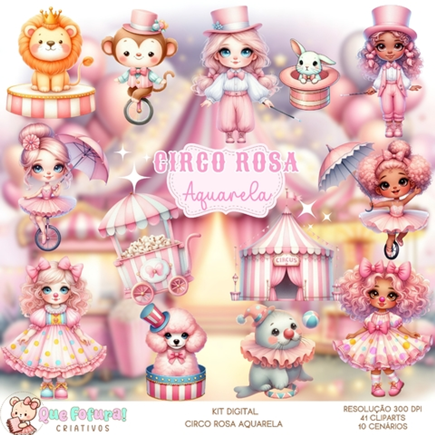 Kit Digital Circo Rosa Aquarela - Que Fofura 1