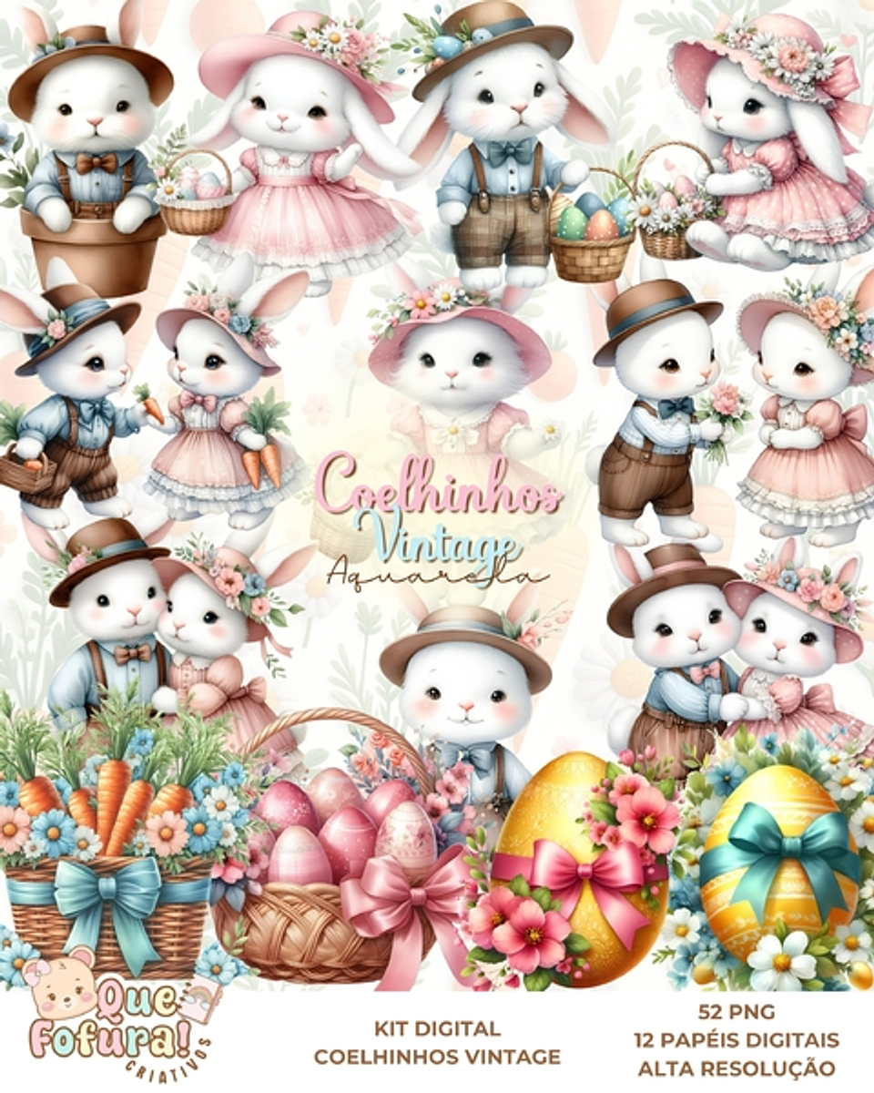 Kit Digital Coelhinhos Vintage - Que Fofura 1