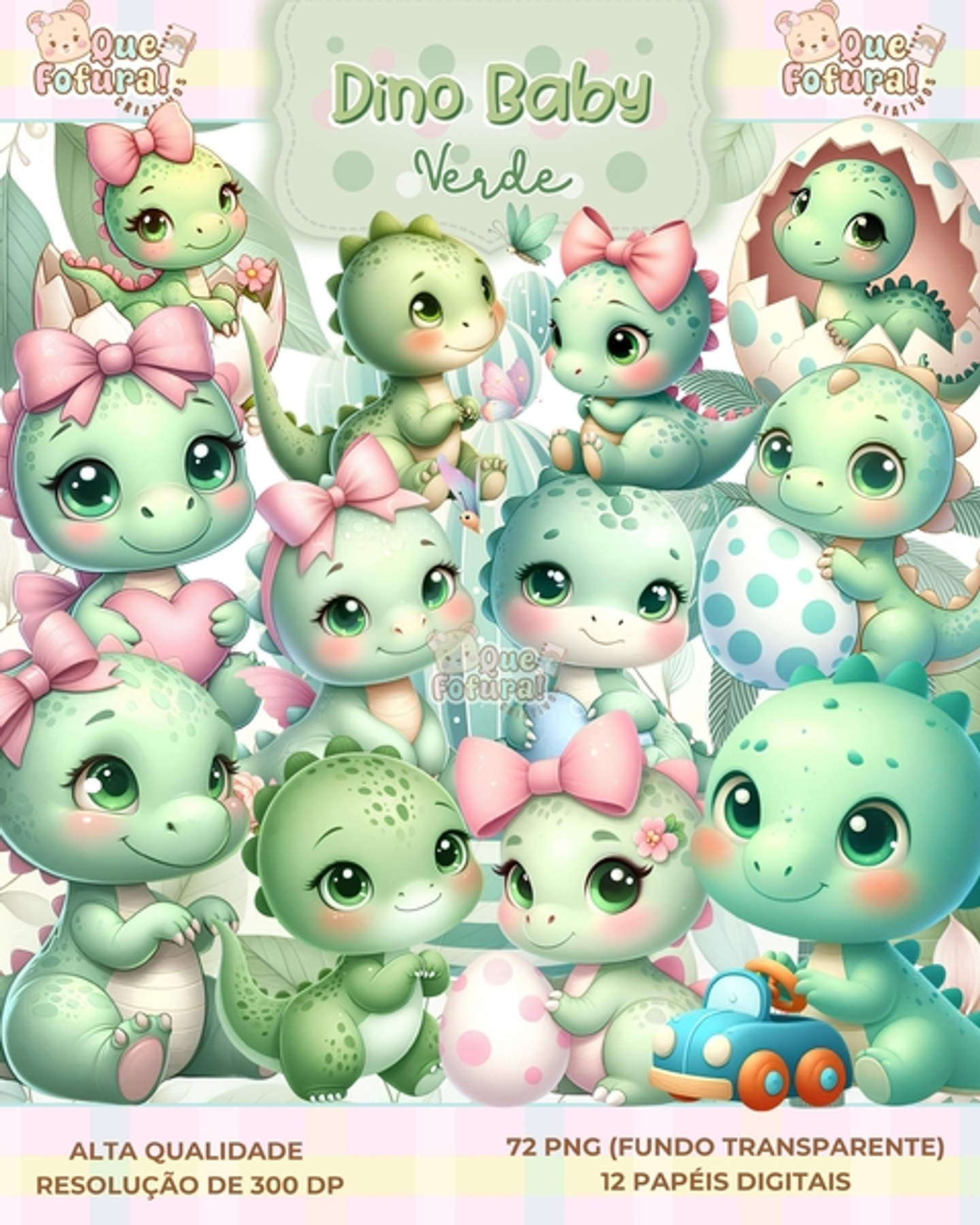 Kit Digital Dino Baby Verde - Que Fofura 1