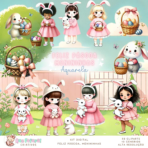 Kit Digital Feliz Páscoa Meninhas Aquarela- Que Fofura