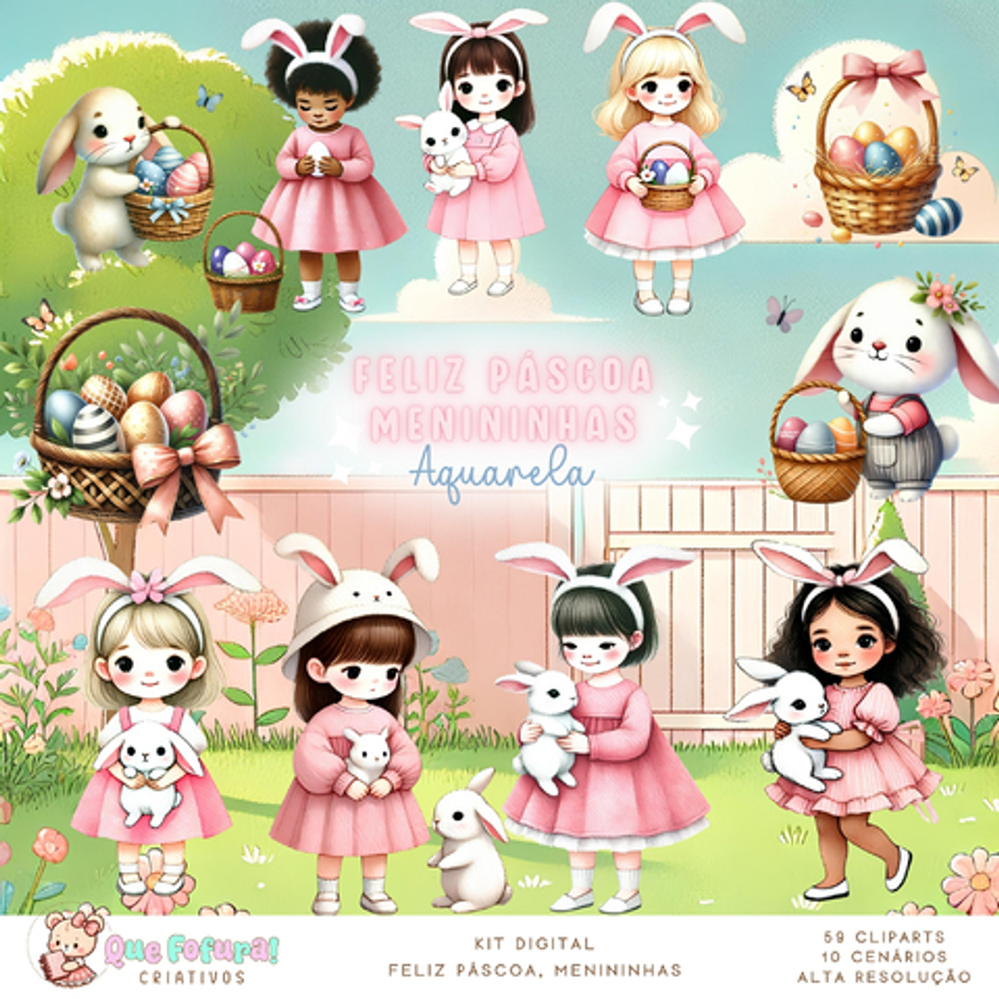 Kit Digital Feliz Páscoa Meninhas Aquarela- Que Fofura 1