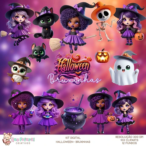 Kit Digital Halloween Bruxinhas - Que Fofura