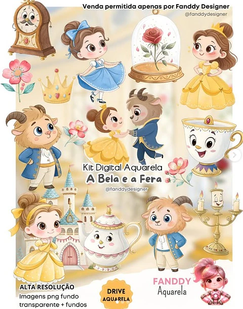 Kit Digital A Bela e a Fera Aquarela - Fanddy