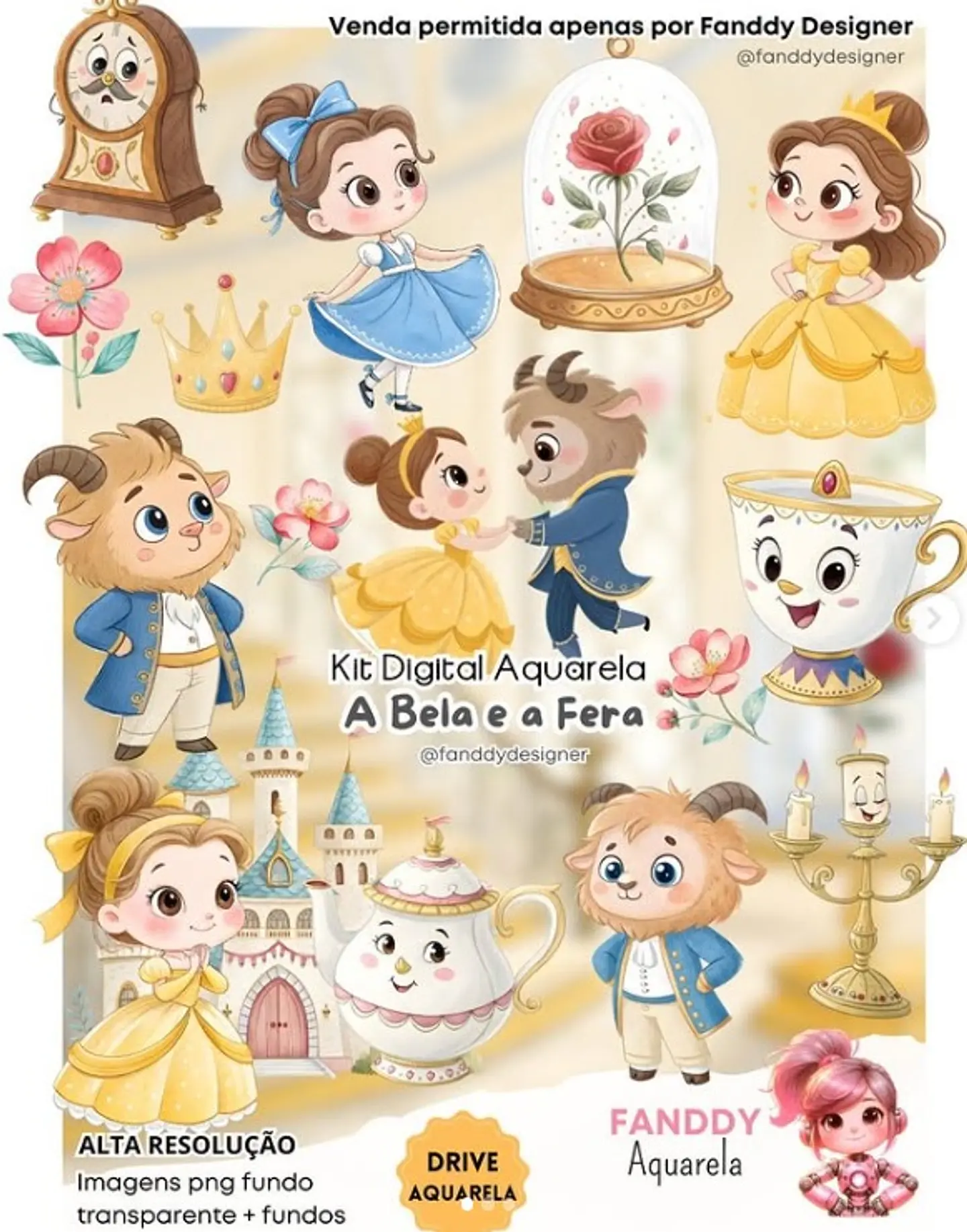 Kit Digital A Bela e a Fera Aquarela - Fanddy 1