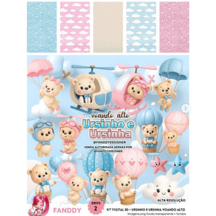 Kit Digital Voando Alto Ursinho e Ursinha 3D - Fanddy