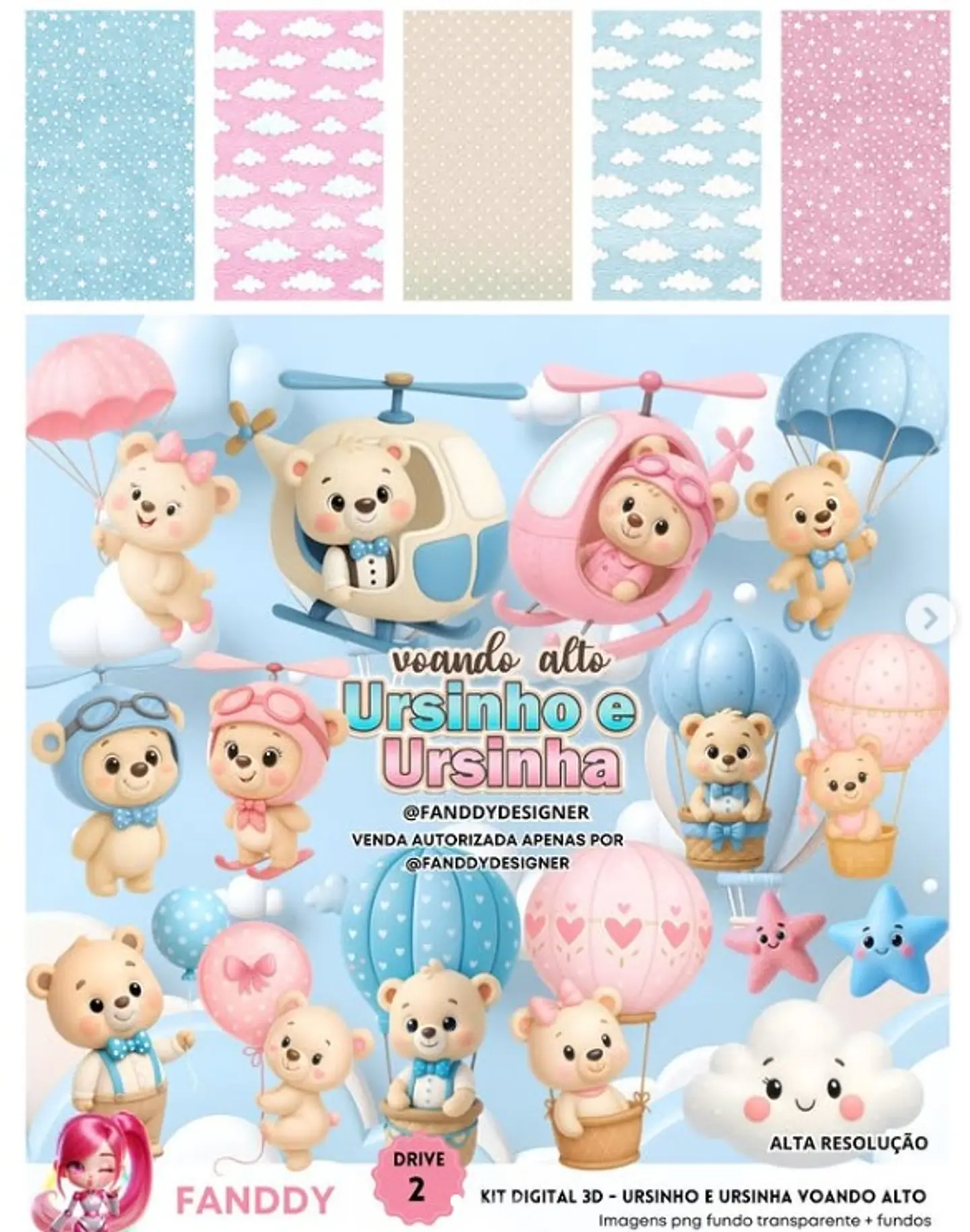 Kit Digital Voando Alto Ursinho e Ursinha 3D - Fanddy 1