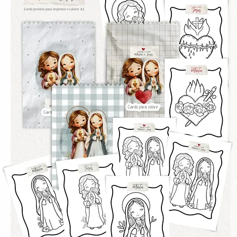 Arquivo Cards de Colorir A5 Sagrado Coração Maria e Jesus - Carinas Paper