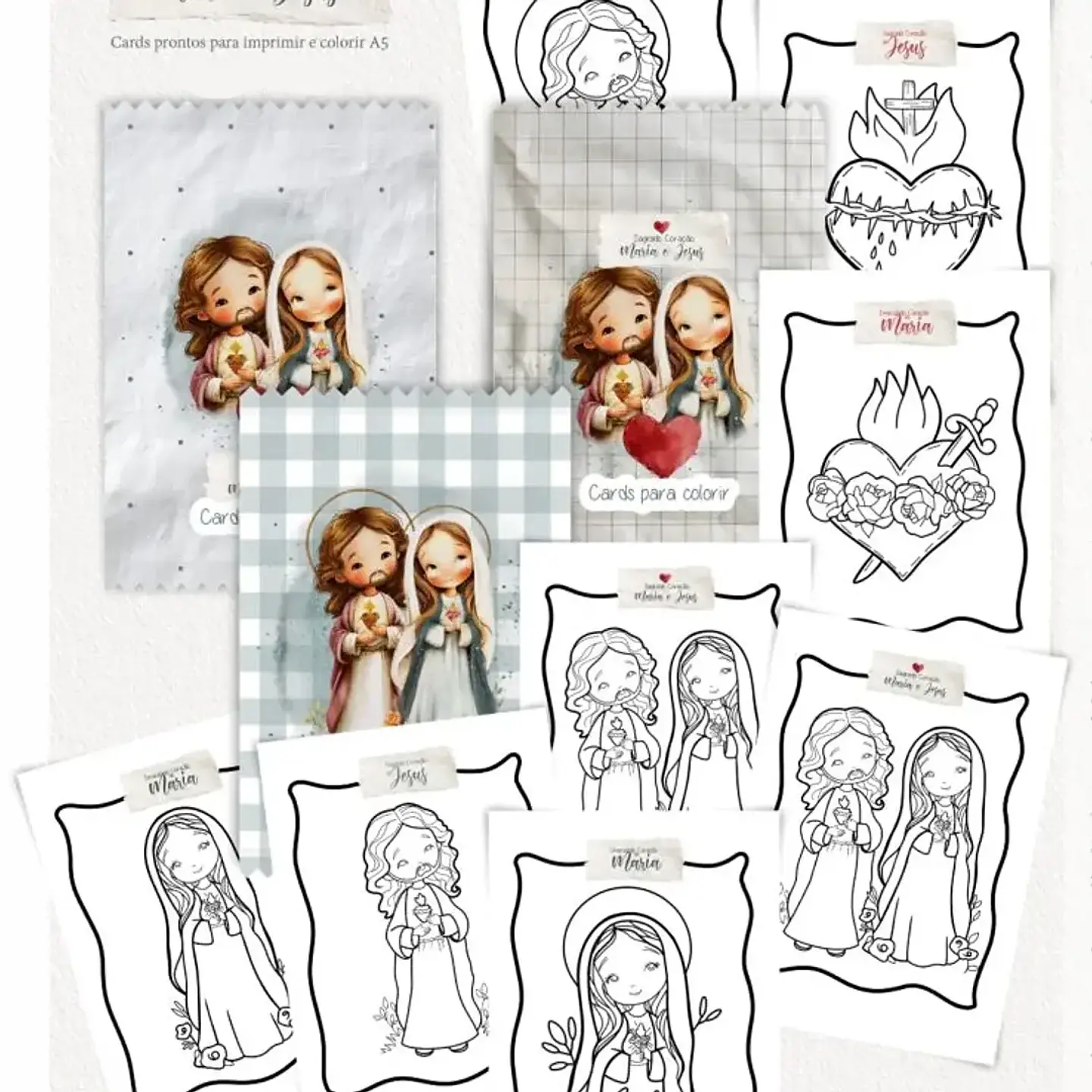Arquivo Cards de Colorir A5 Sagrado Coração Maria e Jesus - Carinas Paper 1
