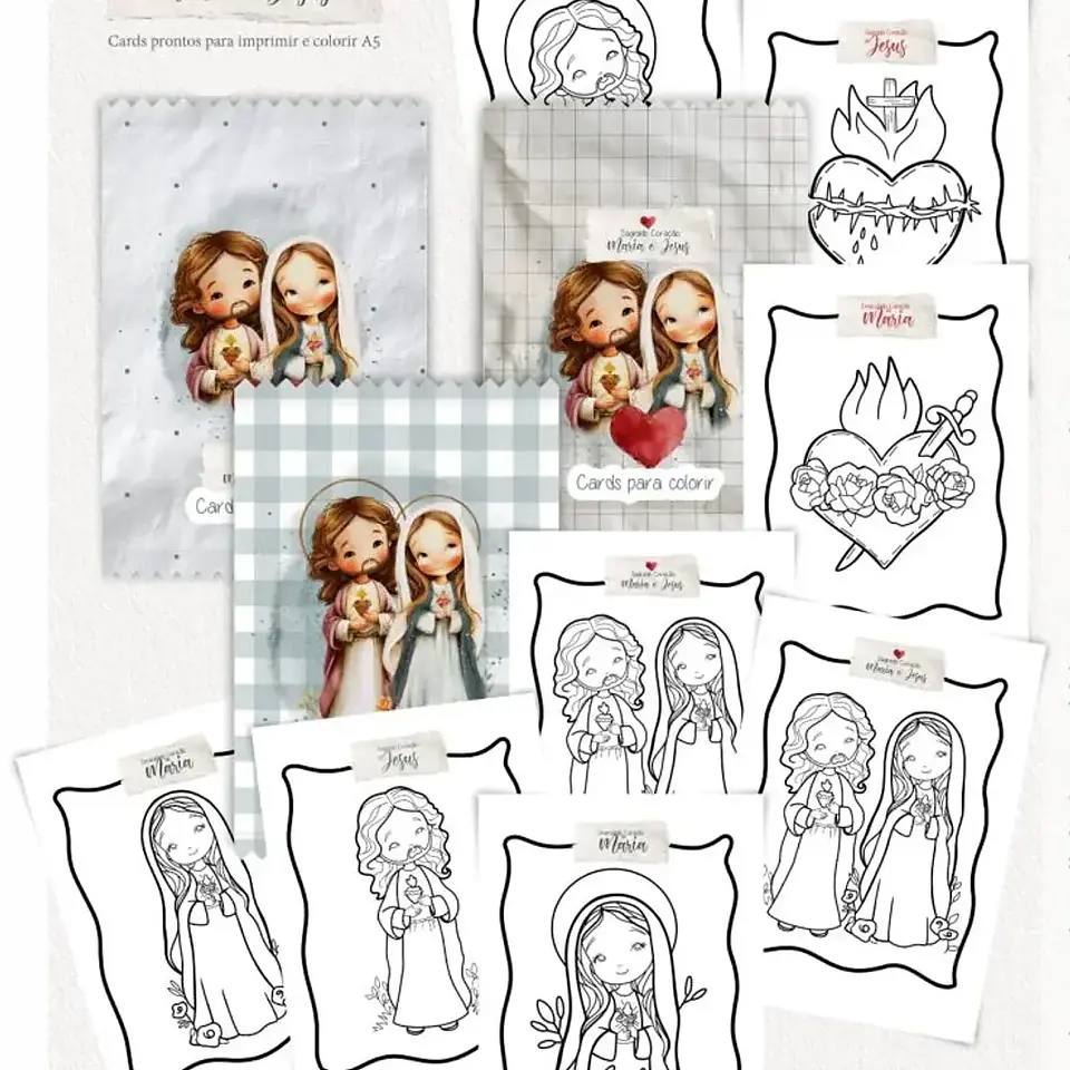 Arquivo Cards de Colorir A5 Sagrado Coração Maria e Jesus - Carinas Paper 1