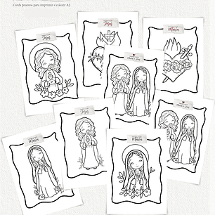 Arquivo Cards de Colorir A5 Sagrado Coração Maria e Jesus - Carinas Paper