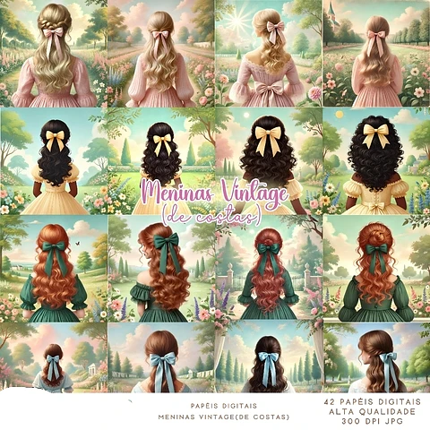Kit Digital Meninas Vintage de Costas - Que Fofura Criativos