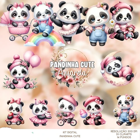 Kit Digital Pandinha Fofa Aquarela - Que Fofura Criativos