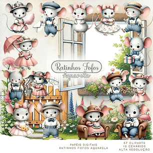 Kit Digital Ratinhos Fofos Aquarela - Que Fofura Criativos
