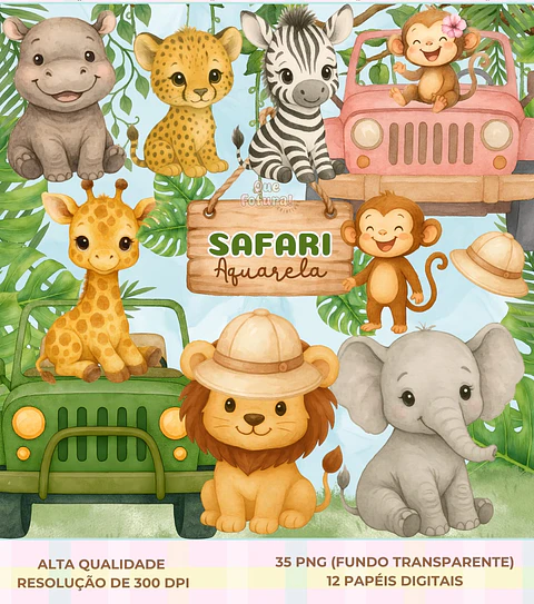 Kit Digital Safari Aquarela - Que Fofura Criativos