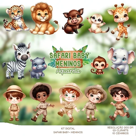 Kit Digital Safari Baby Menino Aquarela - Que Fofura Criativos