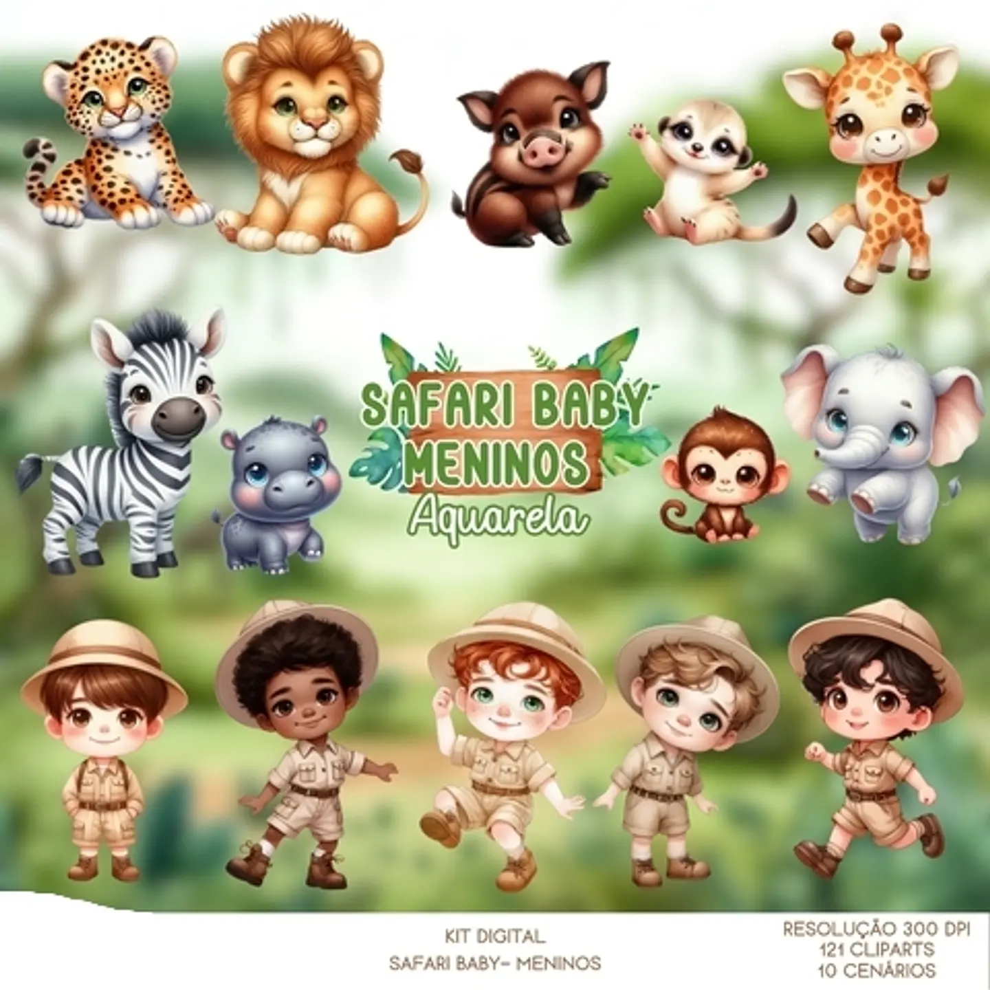 Kit Digital Safari Baby Menino Aquarela - Que Fofura Criativos 1
