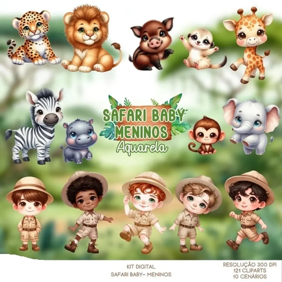 Kit Digital Safari Baby Menino Aquarela - Que Fofura Criativos 1
