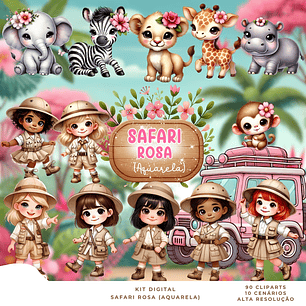 Kit Digital Safari Rosa Aquarela - Que Fofura Criatvos
