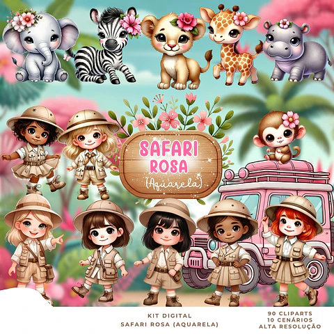 Kit Digital Safari Rosa Aquarela - Que Fofura Criatvos
