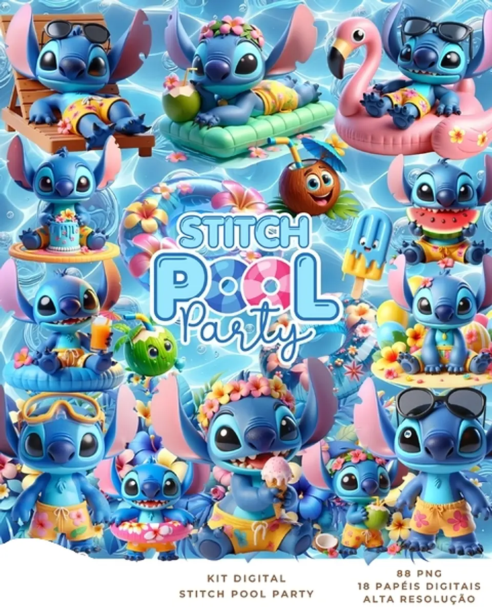 Kit Digital Stitch Pool Party - Que Fofura Criativos 1