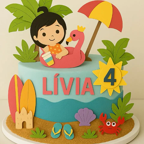 Arquivo Topo de Bolo Menina na Praia em Camadas