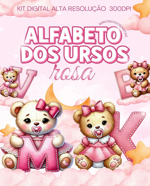 Kit Digital Alfabeto dos Ursos Rosa - MK