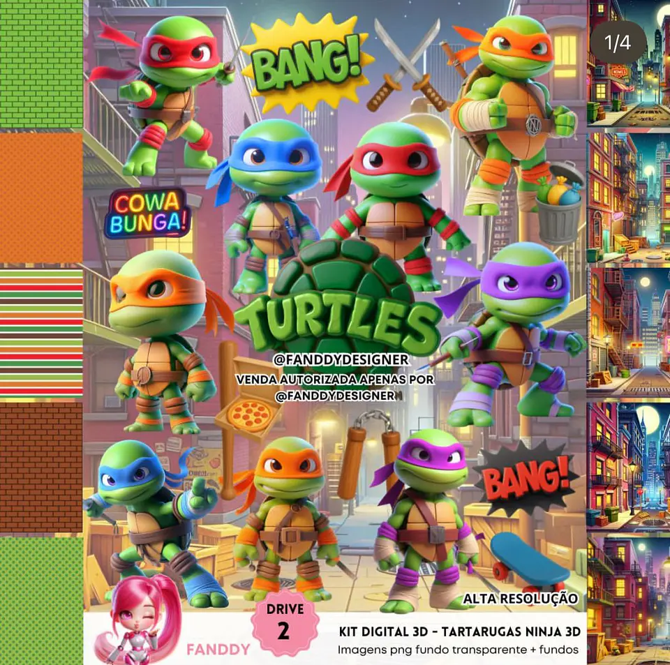 Kit Digital Tartarugas Ninja Cute 3D - Fanddy 1