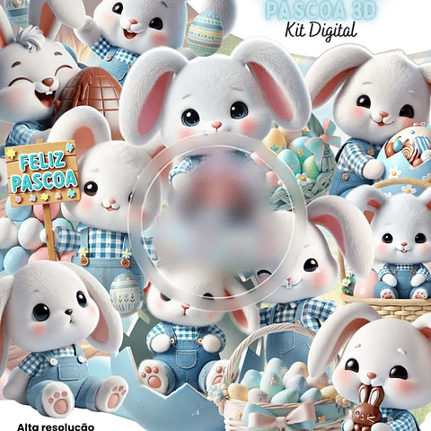 Kit Digital Coelhinho da Páscoa 3D Azul - Eternize