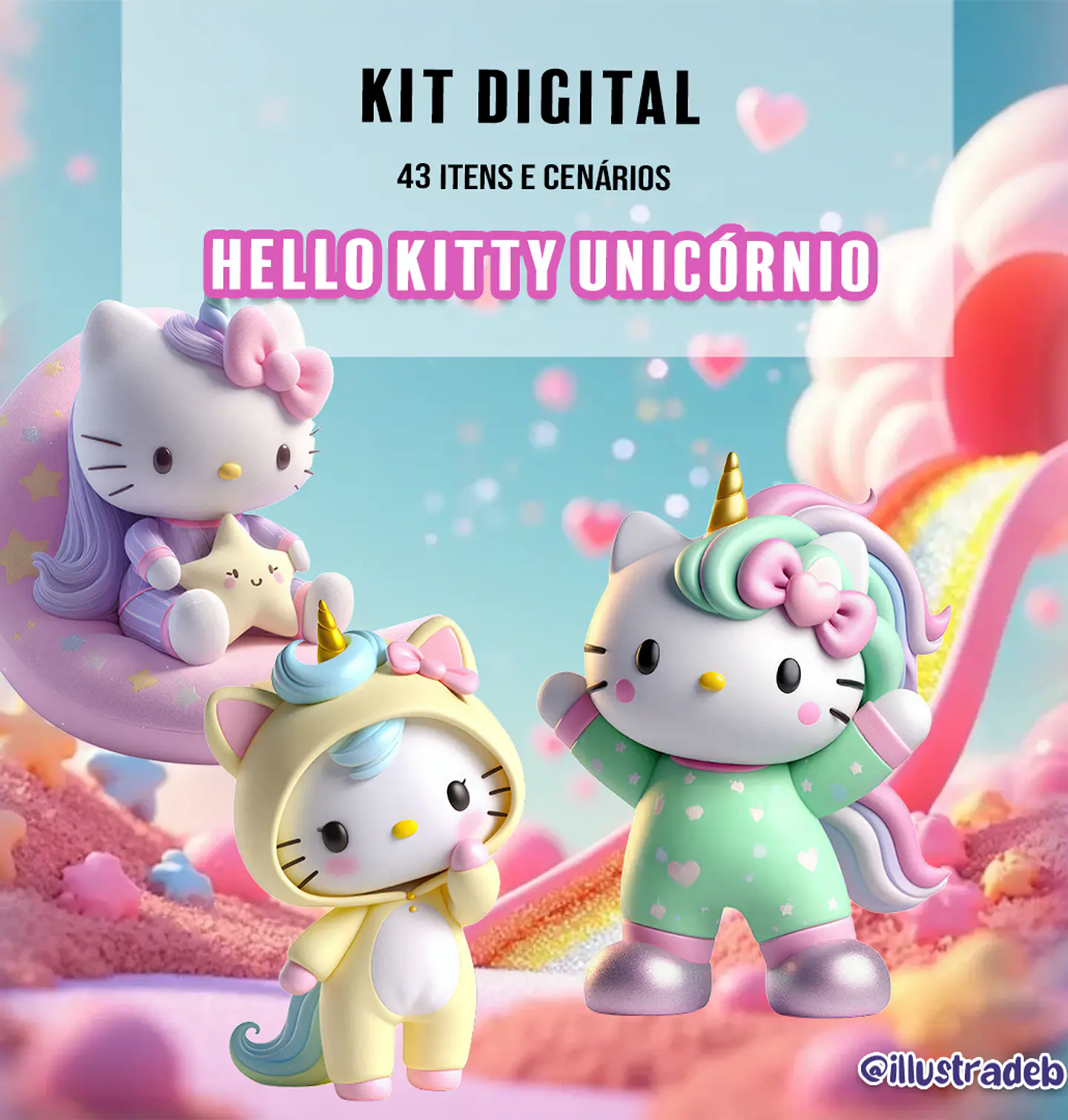 Kit Digital Hello Kitty Unicórnio - Ilustradeb 1