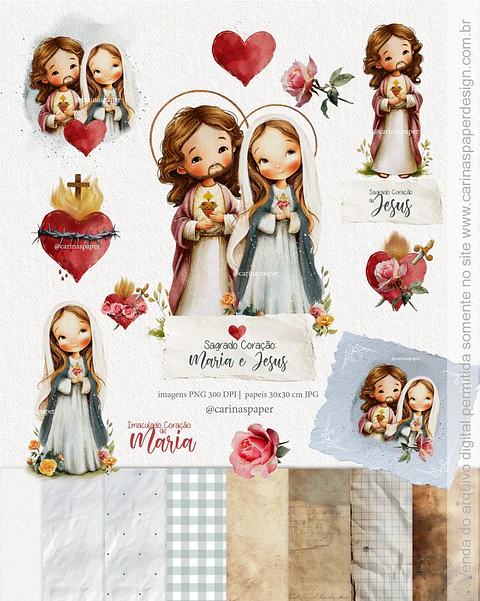 Kit Digital Sagrado Coração Maria e Jesus - Carinas Paper