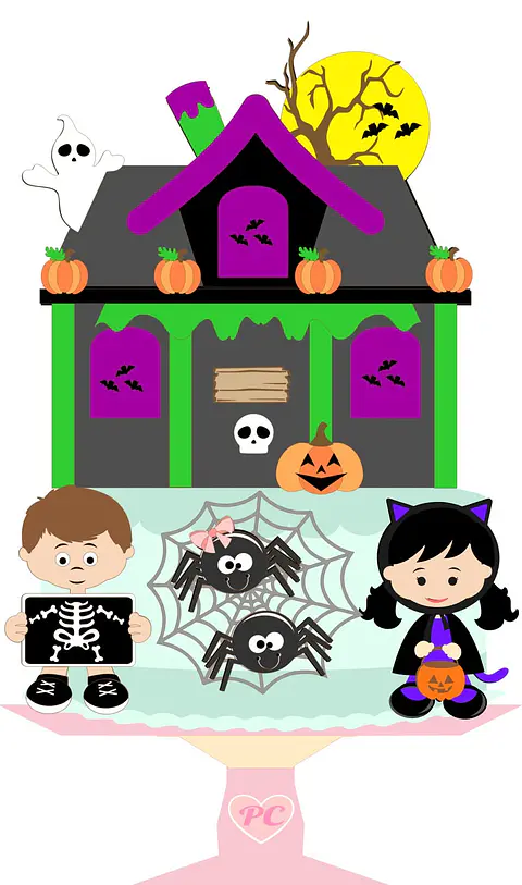 Arquivo Topo de Bolo Halloween Casa de Fantasmas Menino e Menina - EM CAMADAS
