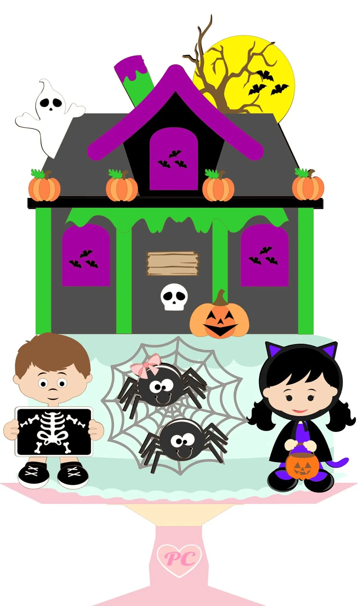 Arquivo Topo de Bolo Halloween Casa de Fantasmas Menino e Menina - EM CAMADAS 1
