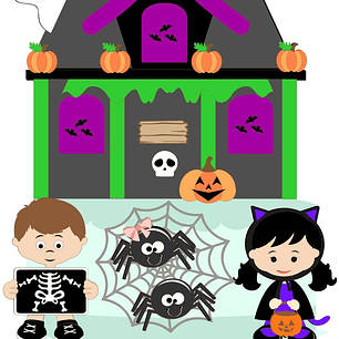 Arquivo Topo de Bolo Halloween Casa de Fantasmas Menino e Menina - EM CAMADAS