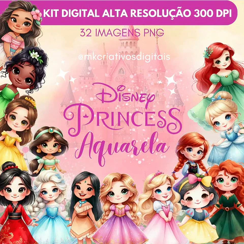 Kit Digital Princesas Aquarela - MK Criativos