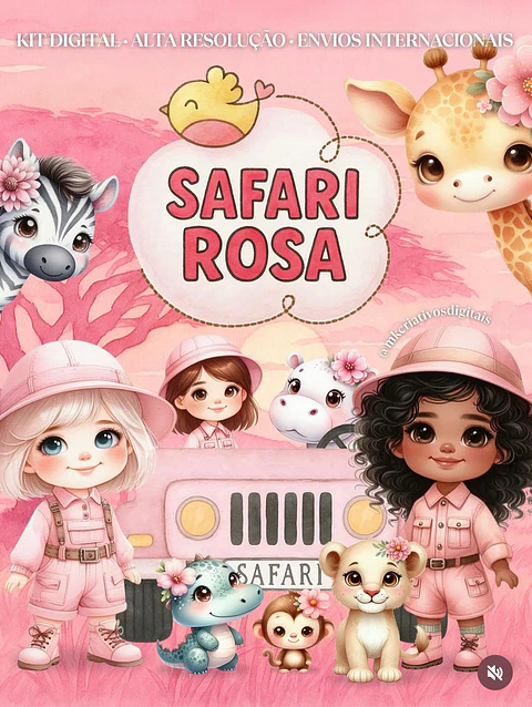 Kit Digital Safari Rosa Aquarela - MK Criativos