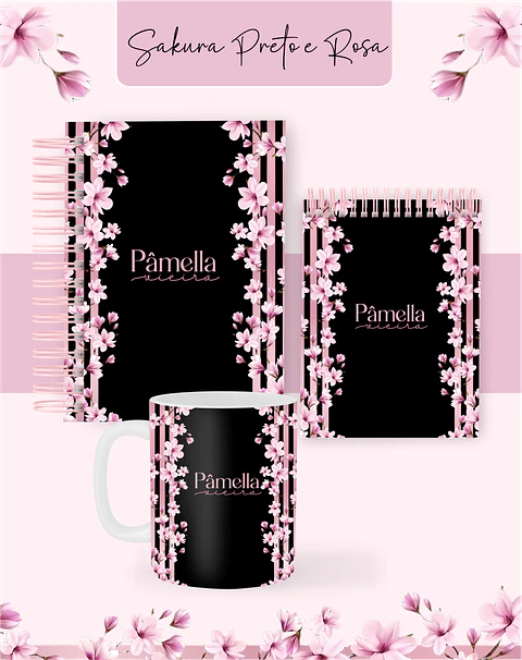 Arquivo Combo Encadernação Sakura Preta e Rosa 2026 - Pamella