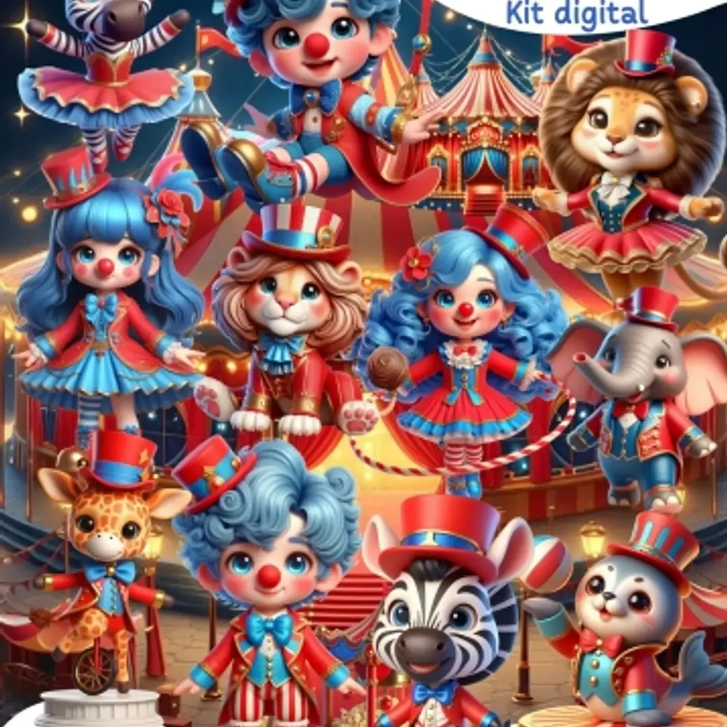 Kit Digital Circo Azul e Vermelho - Mi Kits 1