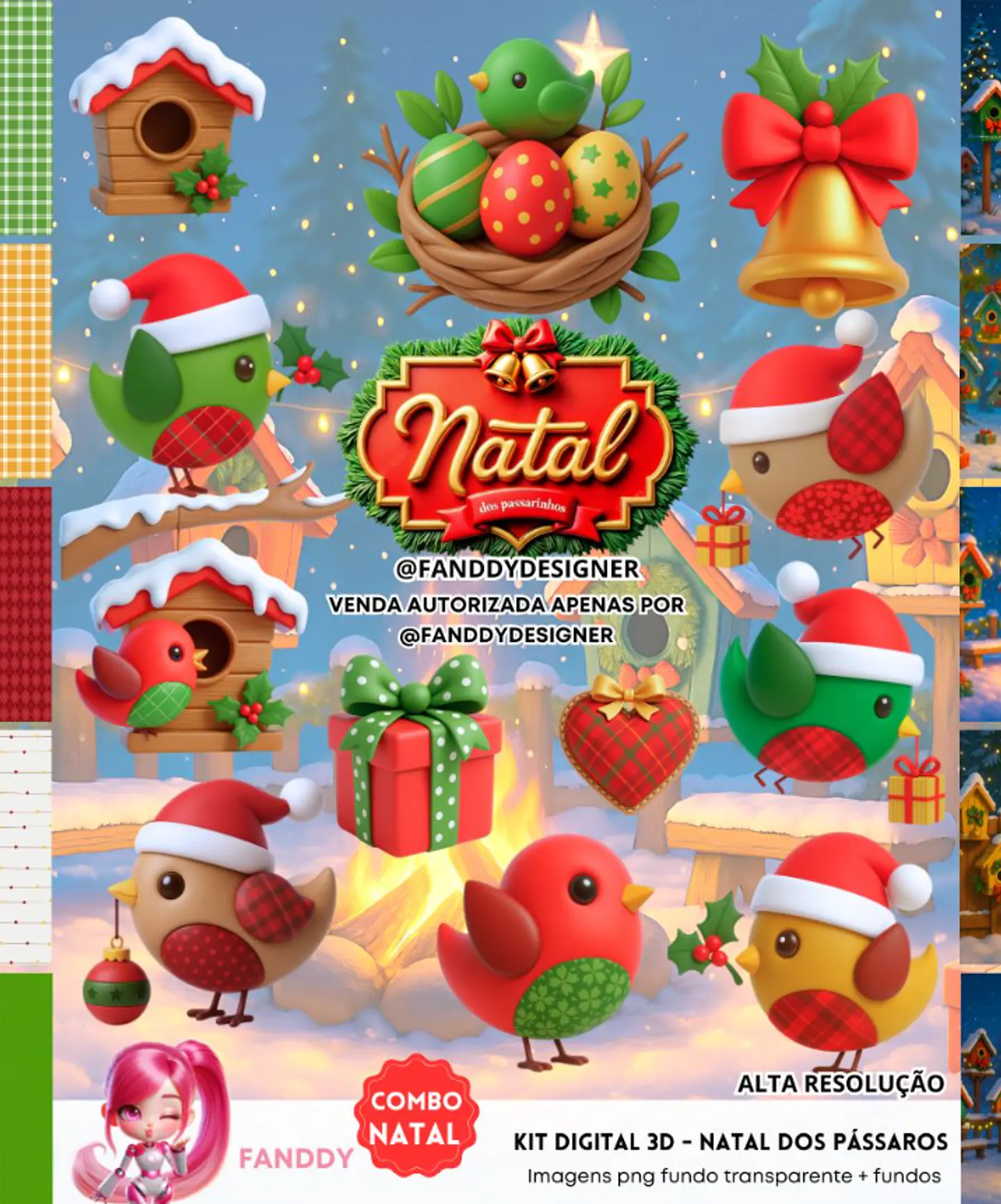 Kit Digital Natal Passarinhos 3D - Fanddy 1