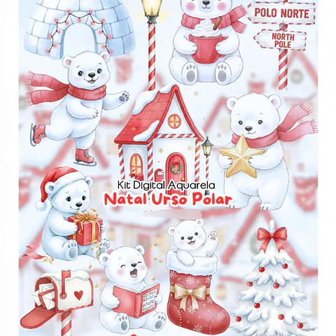 Kit Digital Natal Urso Polar Aquarela - Fanddy