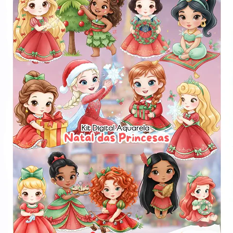 Kit Digital Natal Princesas Disney Aquarela - Fanddy