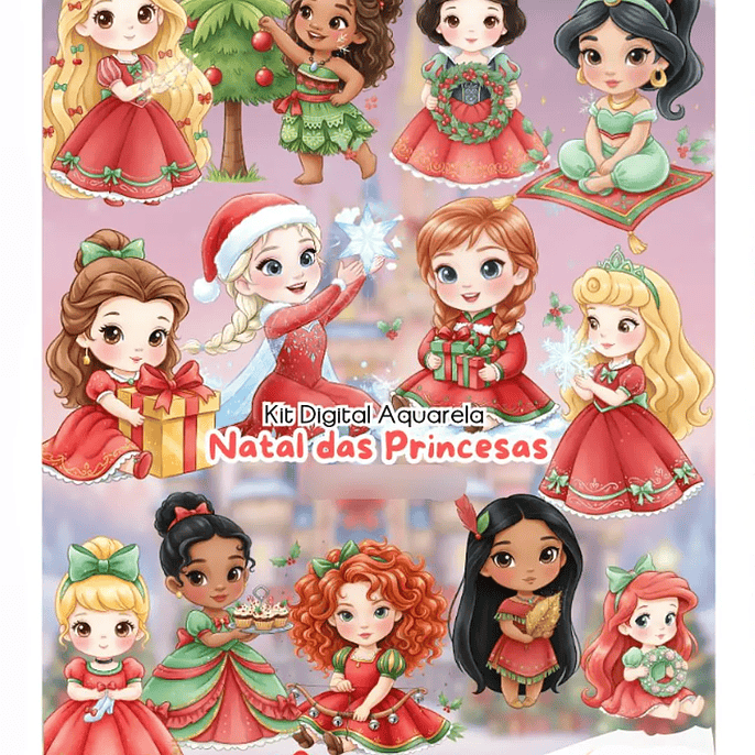 Kit Digital Natal Princesas Disney Aquarela - Fanddy 1