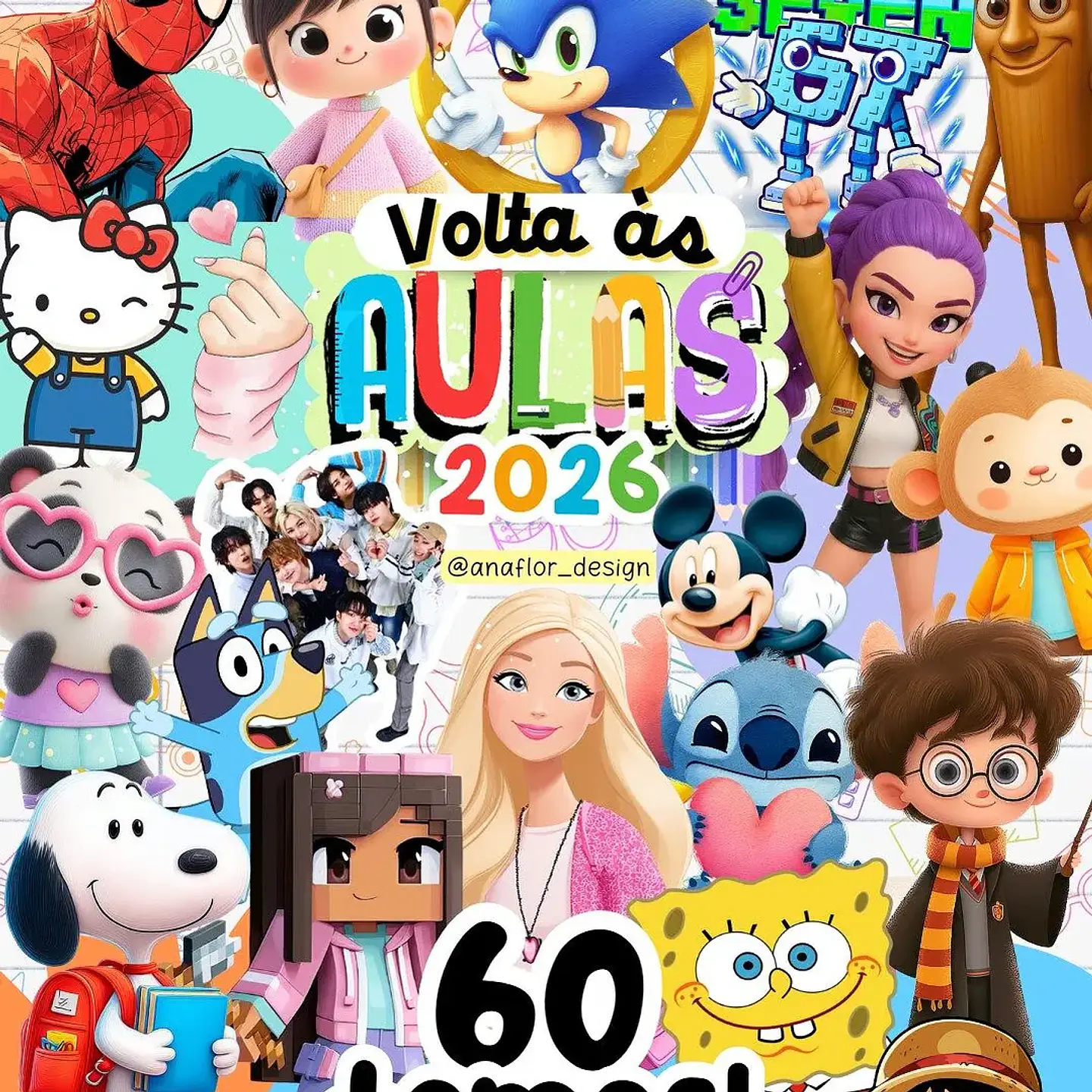 Kit Digital Etiquetas Escolares 60 Temas - Ana Flor 1