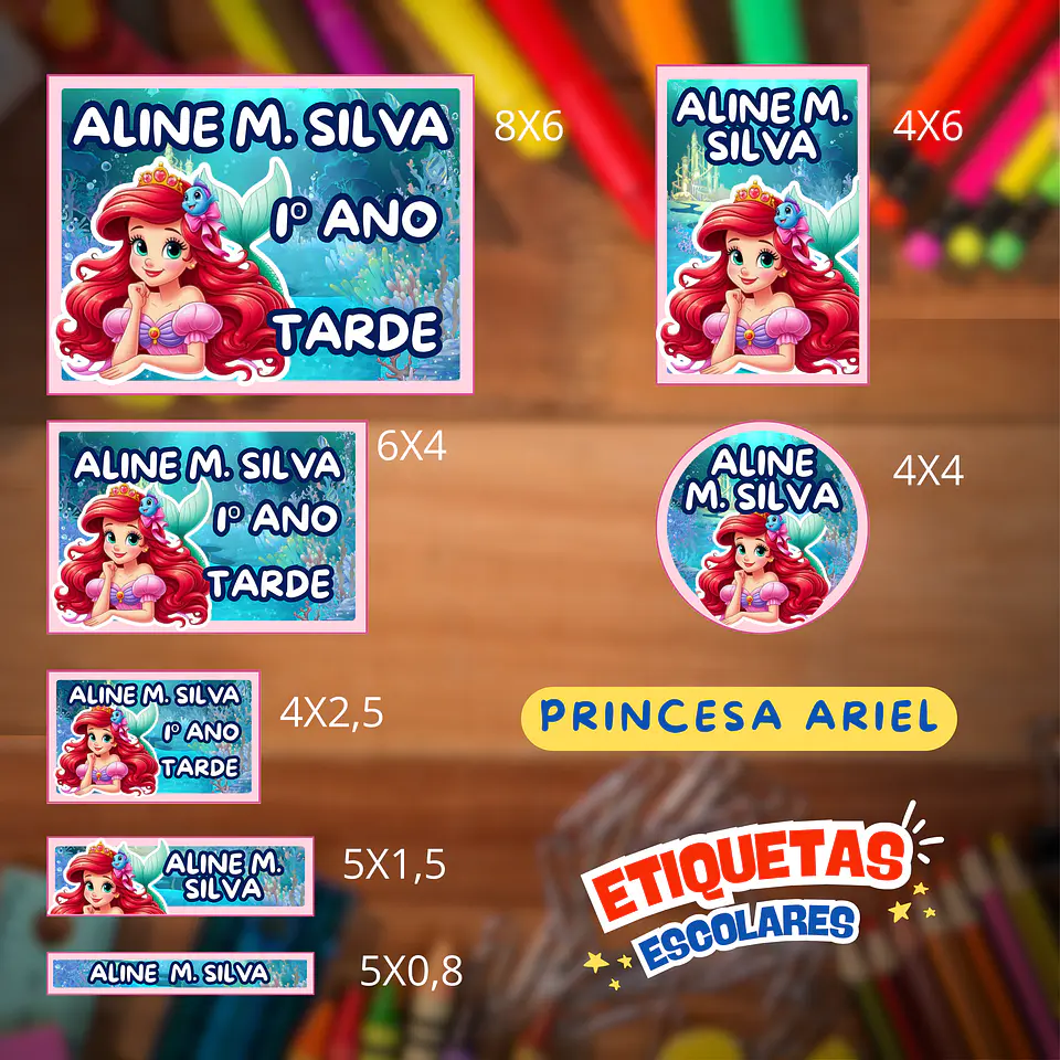Arquivo Etiqueta Escolar Ariel Pequena Sereia 1