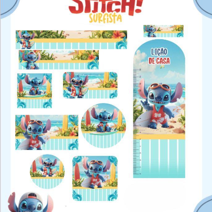 Arquivo Etiqueta Escolar Stitch Surfista 1