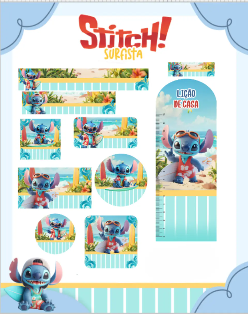 Arquivo Etiqueta Escolar Stitch Surfista 1