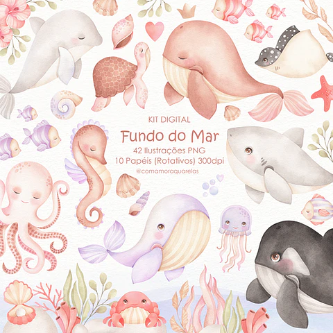 Kit Digital Fundo do Mar Aquarela - Com Amor Aquarela