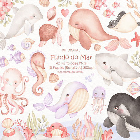 Kit Digital Fundo do Mar Aquarela - Com Amor Aquarela 1