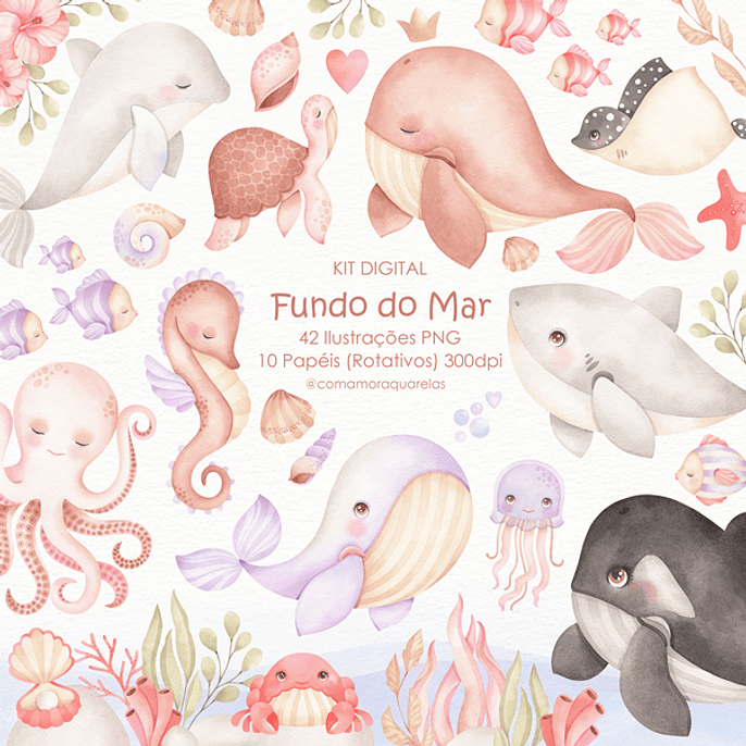 Kit Digital Fundo do Mar Aquarela - Com Amor Aquarela 1