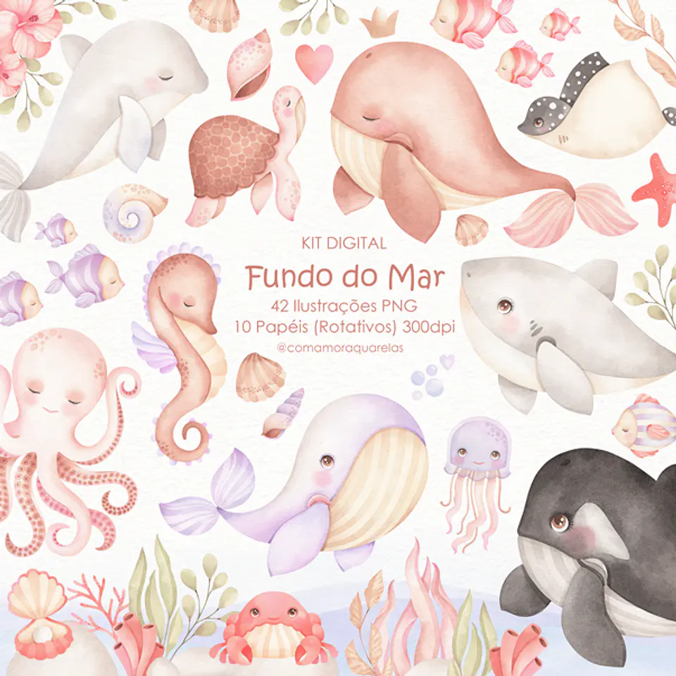 Kit Digital Fundo do Mar Aquarela - Com Amor Aquarela 1